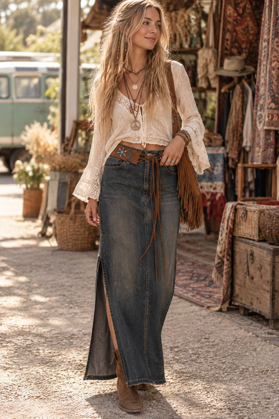 Vintage Y2K hippie Phoebe Buffay vibe Squeeze distressed denim maxi skirt Sz 7/8